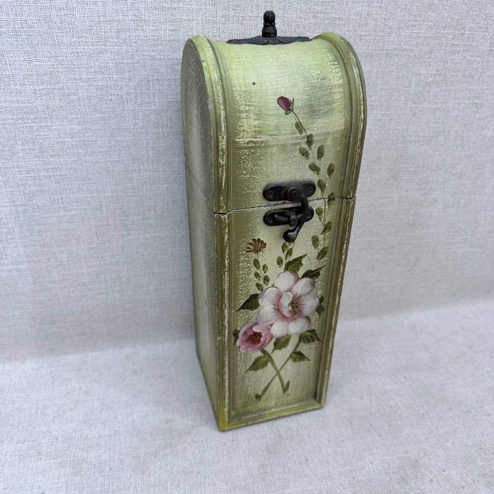 Vintage Wooden Wine Bottle Gift Box Floral Hand Painted Sage Green Storage Case
